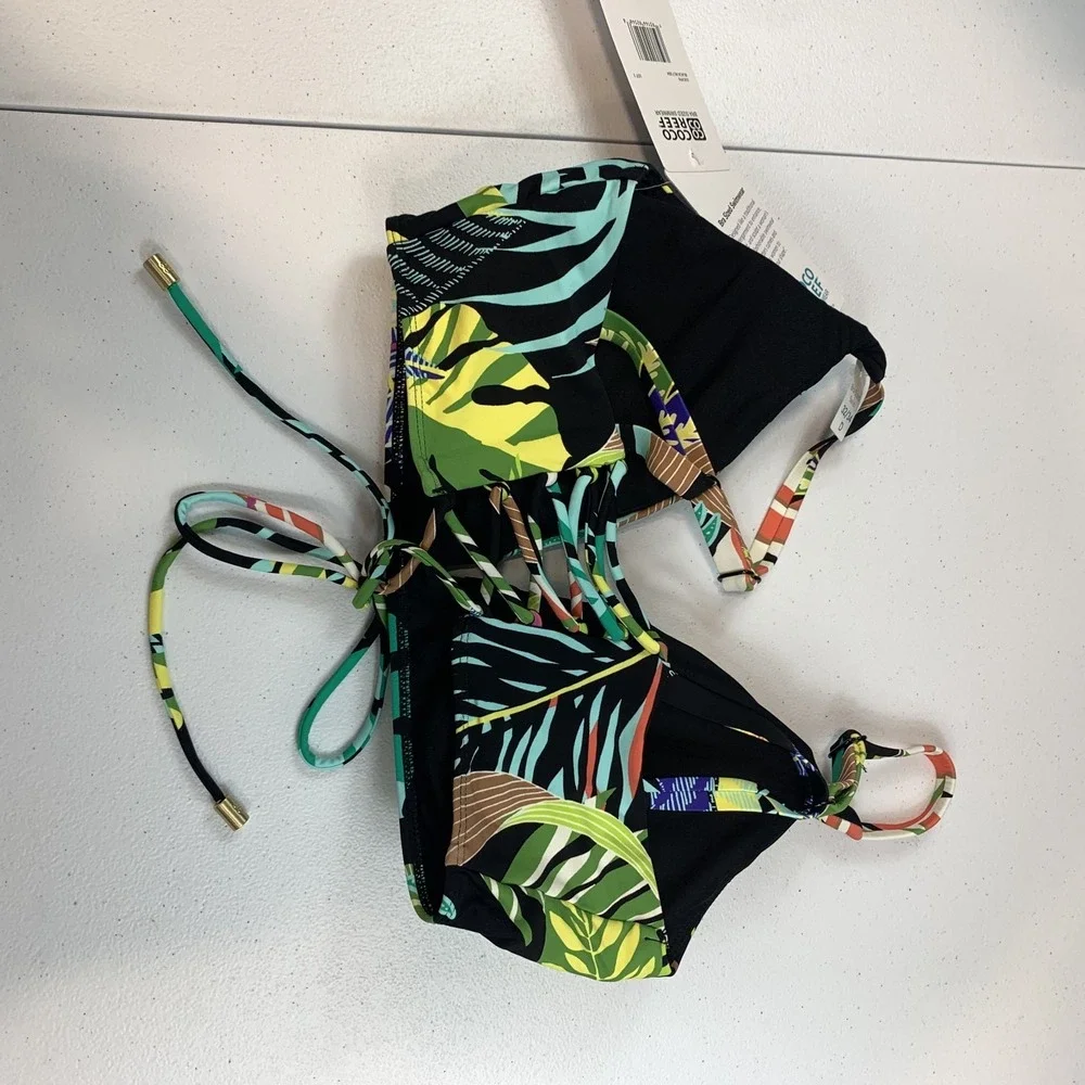 Coco‎ Reef Women's Bikini Swim Top BLack Floral Lace Up Halter Underwire 32/34 D